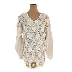 Blueberry Hill Vintage White Knit Floral Pattern Knit Crochet Sweater Sz M